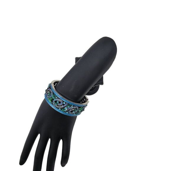 Blue Enamel Rhinestone Filagree Clamper Bangle Bracelet Flower Sparkle Glam 6.5" - Picture 7 of 9